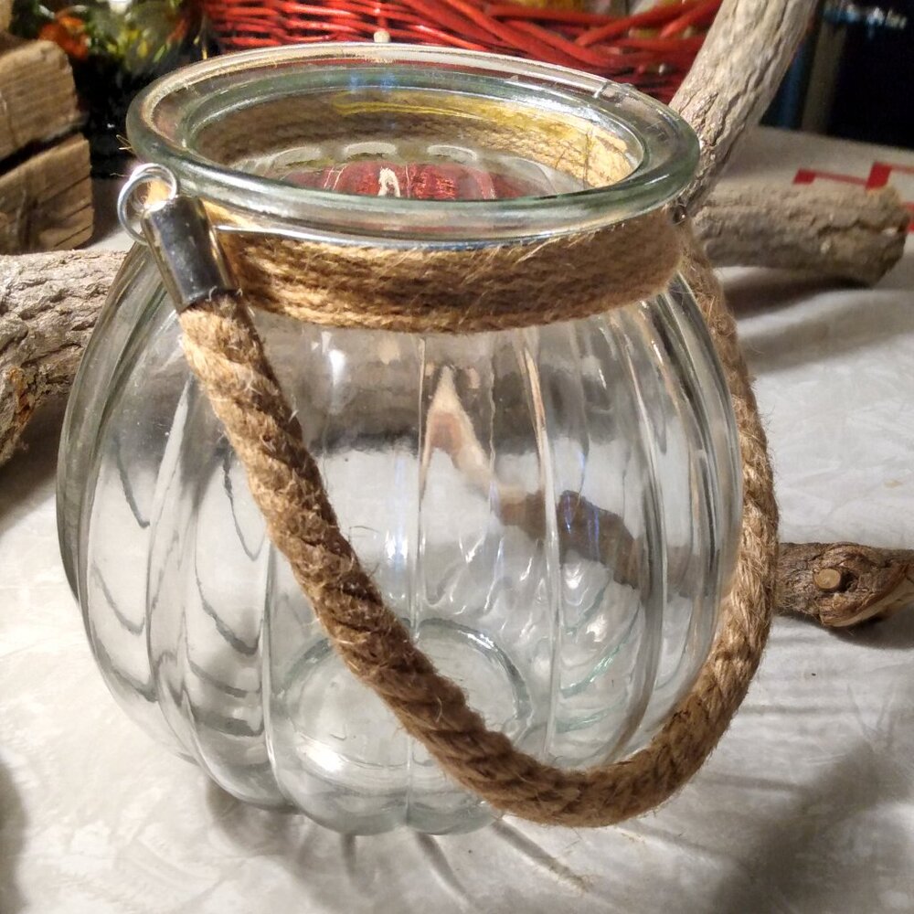 Textured Oval Clear Glass Open Jar Lantern with Nautical Jute Rope Pumpkin Shape